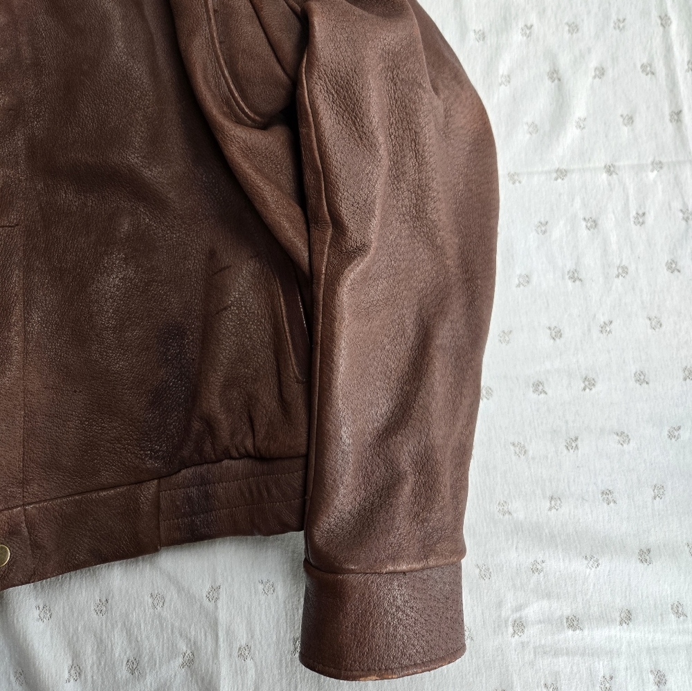 Vintage Men's Brown Varsity Style Heavy Leather Jacket - Picture 3 of 5